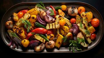 foto de asado vegetal plato como un plato en un gama alta restaurante. generativo ai