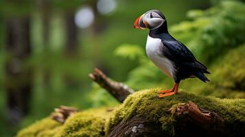Photo of a Atlantic Puffin standing on a fallen tree branch at morning