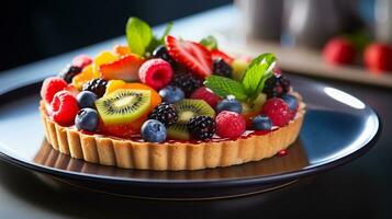 foto de Fresco Fruta tarta como un plato en un gama alta restaurante. generativo ai