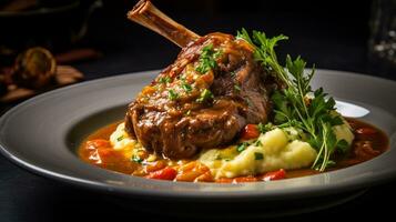 Photo of Lamb Shank Osso Buco as a dish in a high-end restaurant. Generative AI