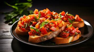 Photo of Bruschetta with Fresh Tomatoes as a dish in a high-end restaurant. Generative AI