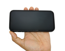 hand holding black phone on transparent background png file