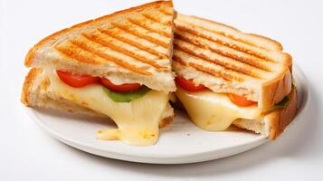 Grilled cheese and tomato sandwich on white background, . photo