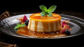 Photo of Coconut Flan as a dish in a high-end restaurant. Generative AI