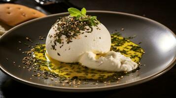 Photo of Labneh with Za'atar and Olive Oil as a dish in a high-end restaurant. Generative AI