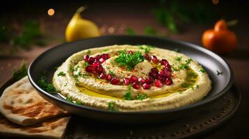 foto de hummus como un plato en un gama alta restaurante. generativo ai