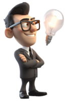 3D Illustration character, a smiling business man is thinking about an idea, with a light bulb icon symbol. generative ai png