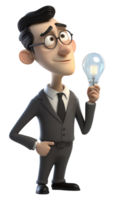 3D Illustration character, a smiling business man is thinking about an idea, with a light bulb icon symbol. generative ai png