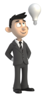 3D Illustration character, a smiling business man is thinking about an idea, with a light bulb icon symbol. generative ai png