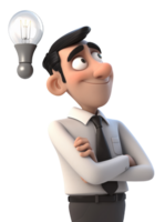 3D Illustration character, a smiling business man is thinking about an idea, with a light bulb icon symbol. generative ai png