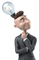 3D Illustration character, a smiling business man is thinking about an idea, with a light bulb icon symbol. generative ai png