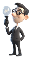 3d ilustración personaje, un sonriente negocio hombre es pensando acerca de un idea, con un ligero bulbo icono símbolo. generativo ai png