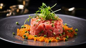 Photo of Tuna Tartare as a dish in a high-end restaurant. Generative AI