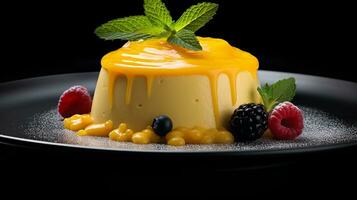 foto de mango mousse como un plato en un gama alta restaurante. generativo ai