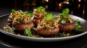 Photo of Stuffed Mushrooms as a dish in a high-end restaurant. Generative AI