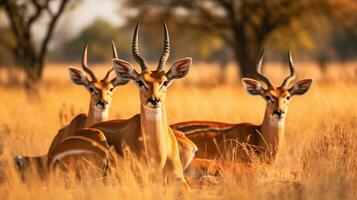 Photo of a herd of Impala resting in an open area on the Savanna. Generative AI