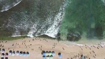 Aerial drone view of umbrellas, boats and people having holiday at the beach in Yogyakarta Indonesia video