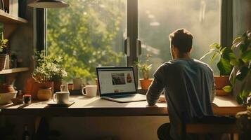 Focused man working from home on laptop in the sunny morning photo