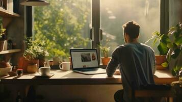 Focused man working from home on laptop in the sunny morning photo