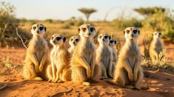 Photo of a herd of Meerkat resting in an open area on the Savanna. Generative AI