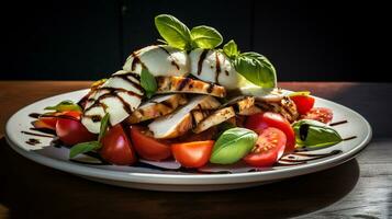 foto de caprese ensalada con A la parrilla pollo como un plato en un gama alta restaurante. generativo ai