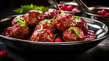 Photo of Cranberry Meatballs as a dish in a high-end restaurant. Generative AI