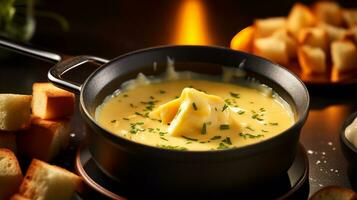 foto de queso fondue como un plato en un gama alta restaurante. generativo ai