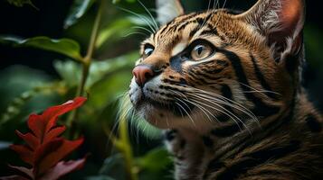 de cerca foto de un ocelote mirando ninguna dirección en selva. generativo ai