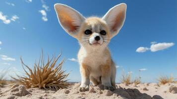 foto de un fennec zorro en un Desierto con azul cielo. generativo ai