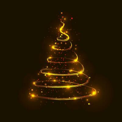 Shiny spiral golden Christmas tree with stars, snowflakes and glittering particles. Abstract shiny glowing golden wave lines. Vector illustration.