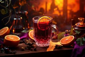 un vaso de reflexionado vino con un rebanada de naranja y canela. otoño estética foto