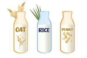 A set of vegetable milk. Oatmeal, rice, peanut milk. Objects on a white background. vector. Vegan products. vector