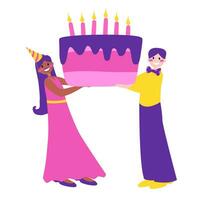 Happy people celebrating birthday, holding champagne and party cake with candles, congratulating person. Colored flat vector illustration isolated on white background