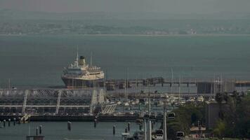 An aerial view of a ship near the Lisbon port quay video