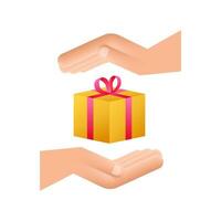 Gold prizes box in amazing style in hands. Present gift box icon. Vector stock illustration