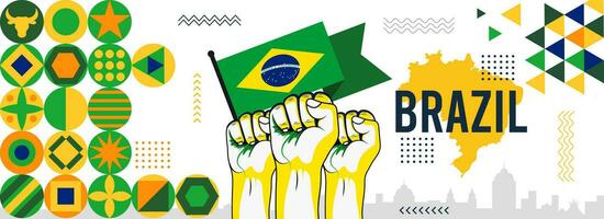 Brasil independencia día celebracion bandera con fuerte elevado puños bandera y mapa de Brasil moderno retro diseño con resumen iconos vector ilustración.