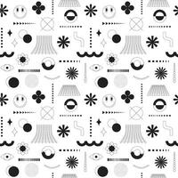 Black and white seamless pattern with abstract geometric, bold, linear shapes. grid, smiling face, flowers. Brutalism, retro futurism style inspired. For web design, covers, textile. Vector background