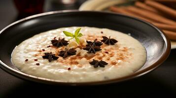 Photo of Rice Pudding as a dish in a high-end restaurant. Generative AI