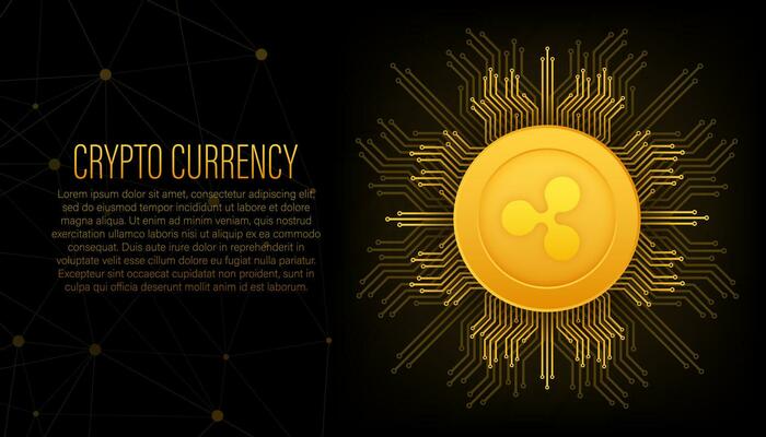 Cryptocurrency logo. Ripple in flat style on golden background. Vector design isolated. Internet technology