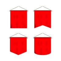 Signal red long sport advertising pennants banners samples on pole stand support pedestal realistic set. Vector stock illustration.