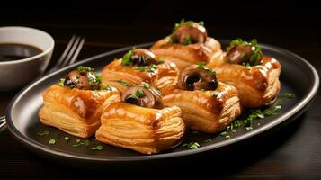 Photo of Mushroom Puff Pastry Bites as a dish in a high-end restaurant. Generative AI