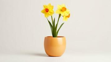 Photo of Daffodil flower in pot isolated on white background. Generative AI