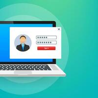 Login page on laptop screen. Notebook and online login form, sign in page. User profile, access to account concepts. Vector illustration