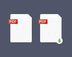 Download PDF button. Downloading document concept. File with PDF label and down arrow sign. Vector illustration.