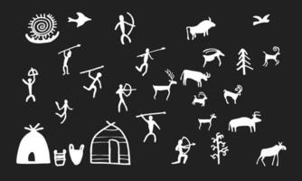 Cave painting prehistoric rock art hand drawn sketch style vector illustration set.