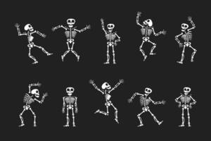 Skeletons dancing with different positions flat style design vector illustration set.