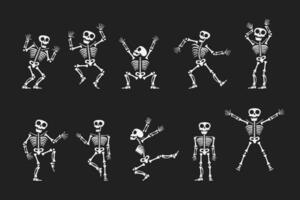 Skeletons dancing with different positions flat style design vector illustration set.