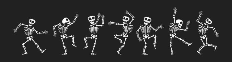 Skeletons dancing with different positions flat style design vector illustration set.