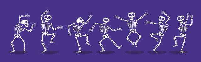 Skeletons dancing with different positions flat style design vector illustration set.