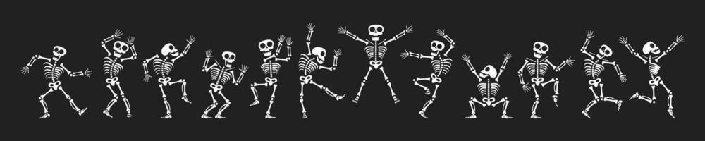 Skeletons dancing with different positions flat style design vector illustration set.